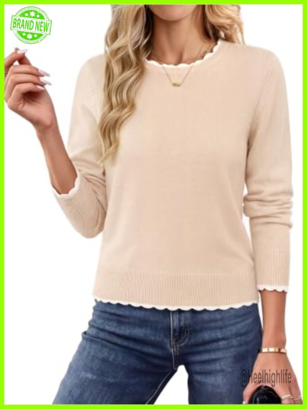 Cropped Crew Neck Pullover Sweater Viscose Blend Scalloped Knit